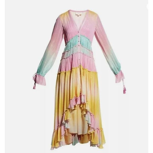 ROCOCO SAND Zale Metallic Pastel High-Low Rainbow Maxi Dress Swim Cover Up XS - Picture 5 of 7